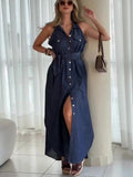 Denim Sleeveless Single-breasted Lace-up Dress Mohsin Aziz
