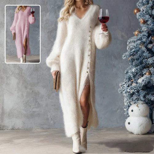 Chic Split Knitted Dress With Buttons Design Winter V-Neck Fleece Maxi Dresses Evening Party Club Fashion Women's Clothing Mohsin Aziz