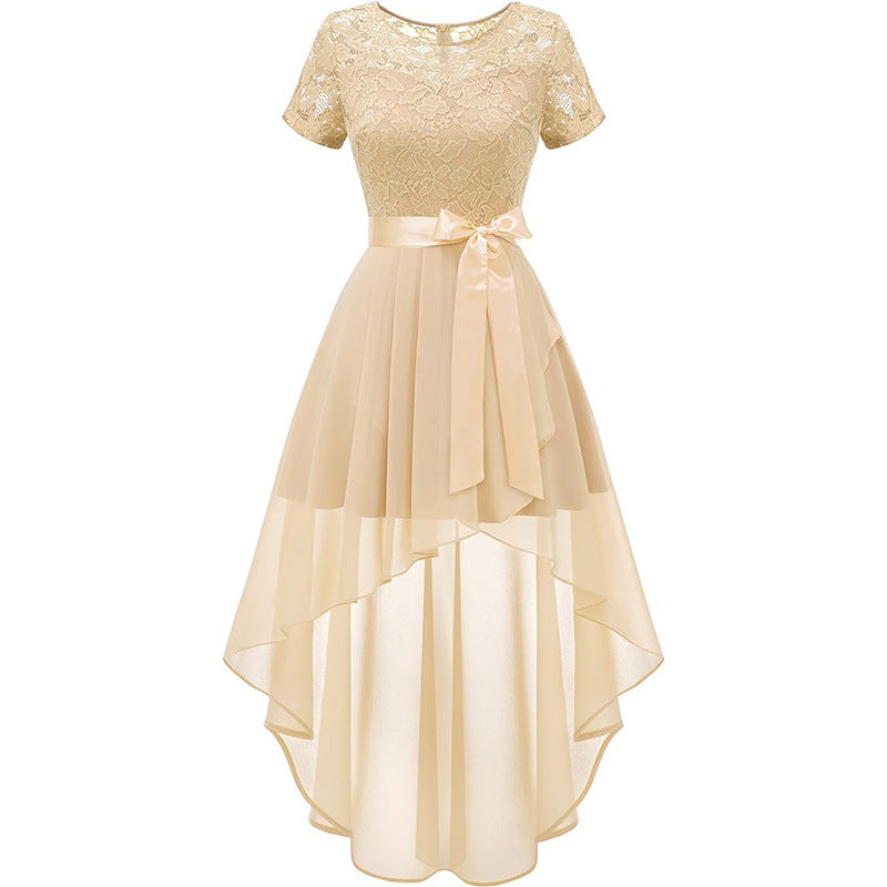 Lace Chiffon Ruffled High Slit Waist Round Neck Evening Dress Skirt Mohsin Aziz