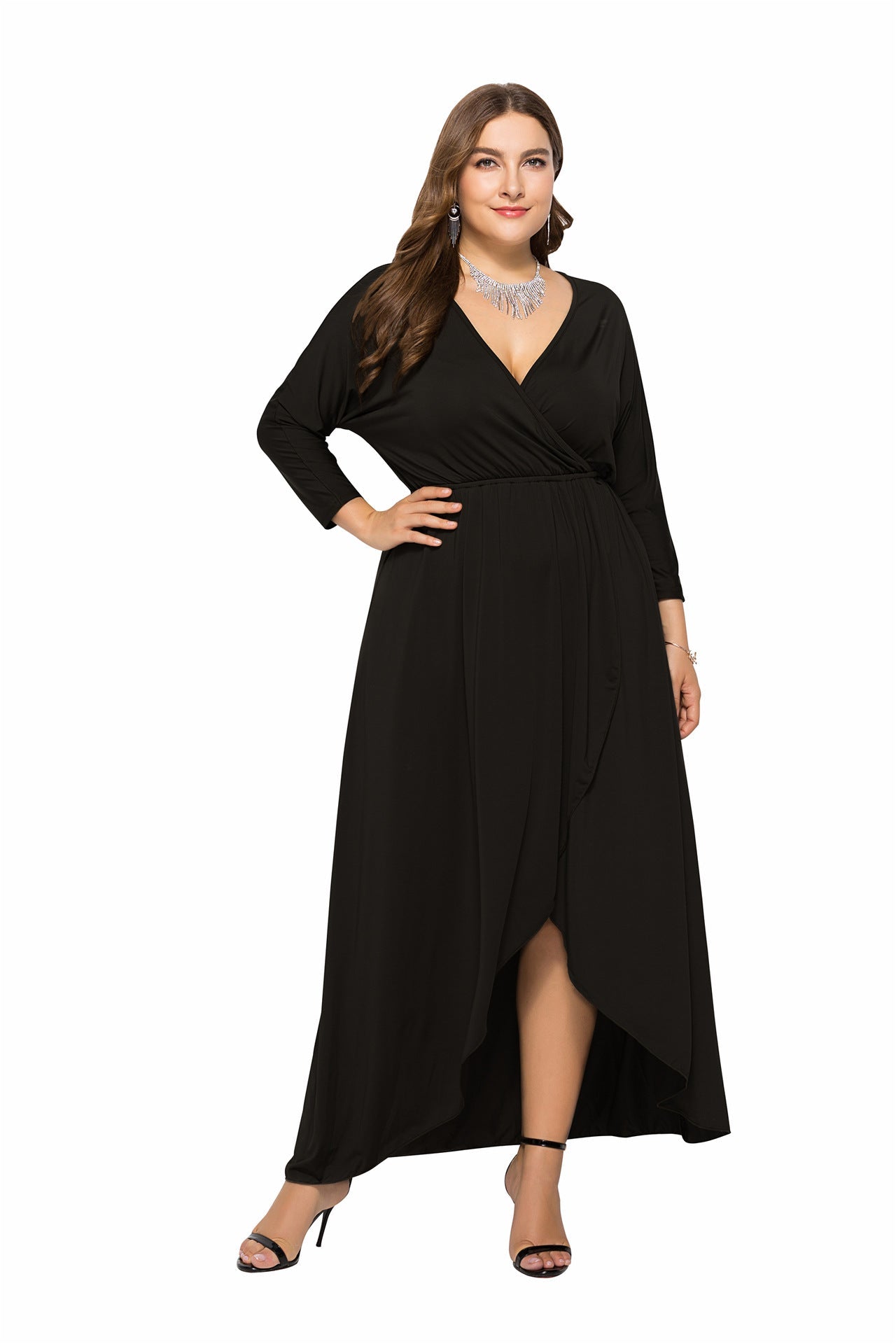 N V-neck Batwing Sleeve Large Hem Sheath Solid Color Dress Mohsin Aziz