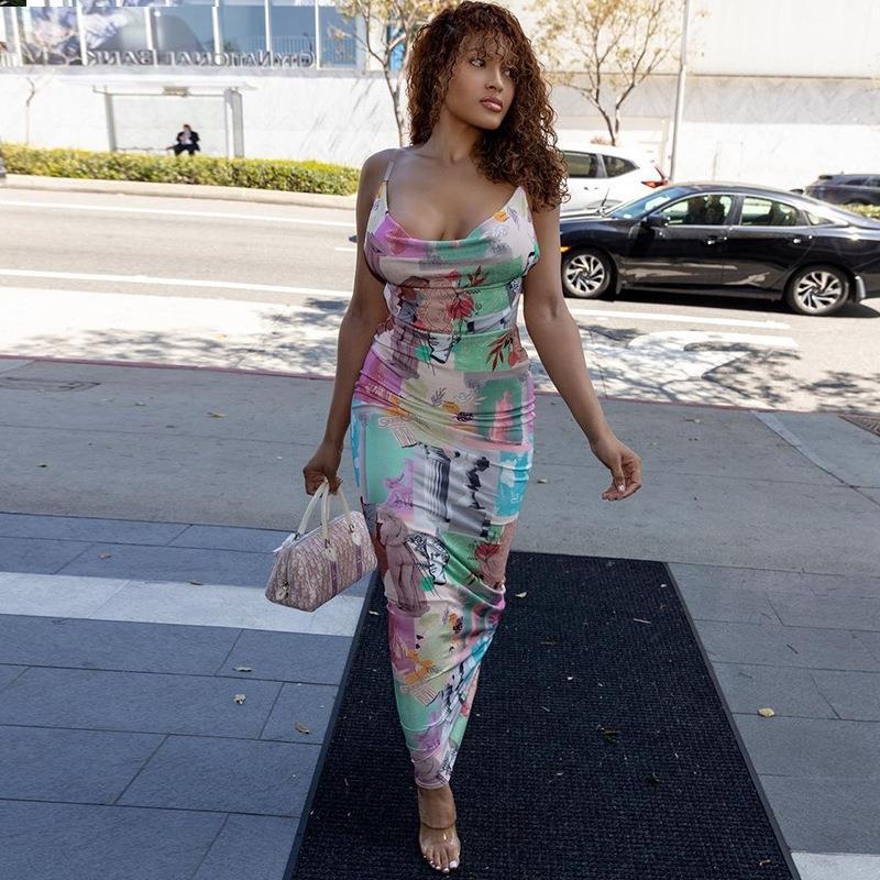 Beautiful Fashion Printed Strap Sheath Dress Backless Dress