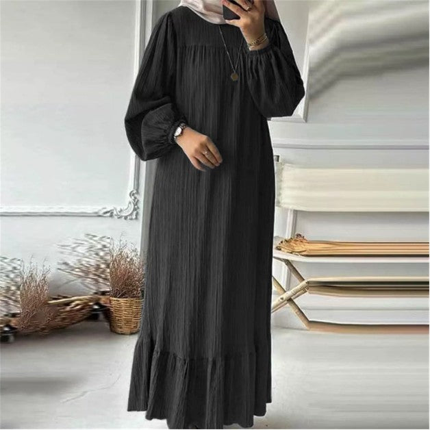 Muslim Women's Wear Robe Vintage Maxi Dress Pure Color Ruffles Hem Dress