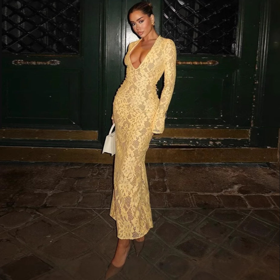 European And American Style Sexy Female Deep V Long Sleeve Mesh Lace Hollow Dress Mohsin Aziz