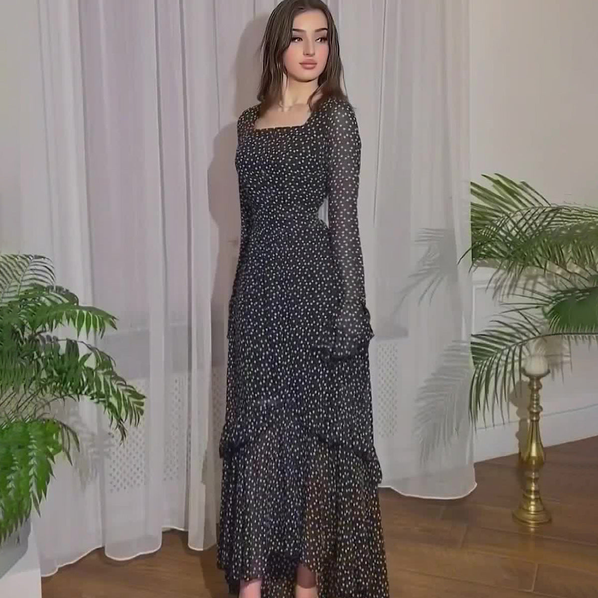 Chiffon Polka Dots Lotus Leaf Sleeve Stitching Irregular Dress Mohsin Aziz