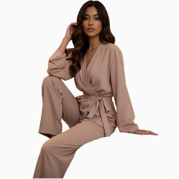 Satin Chiffon Pajamas Long-Sleeve French-Style Ice Silk Loungewear Long-Sleeve Pants Set