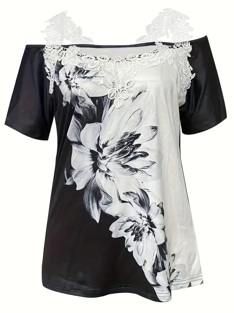 Spring Summer New Floral Print V-neck T-shirt Lace Casual Off-the-shoulder Short-sleeved Top Mohsin Aziz