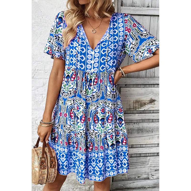 Women Casual Summer Dress Boho Drawstring V Neck Short Sleeve Floral Print Flowy Beach Dress Mohsin Aziz