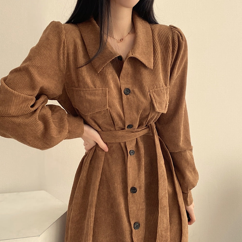 Autumn Winter Retro Lapel Single Breasted Lace-up Waist-controlled Long Corduroy Dress Women Mohsin Aziz