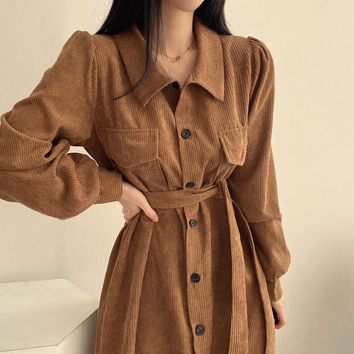 Autumn Winter Retro Lapel Single Breasted Lace-up Waist-controlled Long Corduroy Dress Women Mohsin Aziz