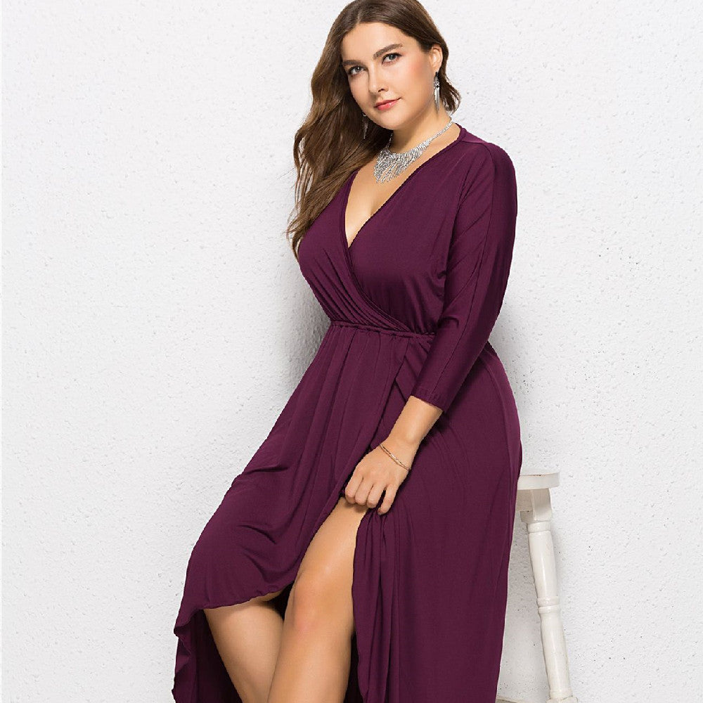 N V-neck Batwing Sleeve Large Hem Sheath Solid Color Dress Mohsin Aziz