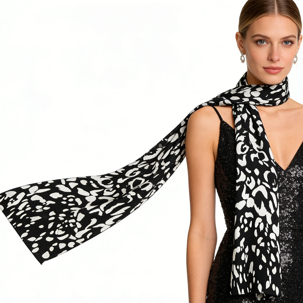 Black & White Printed Viscose Scarf - Abstract Long Scarf 79inchx9inch