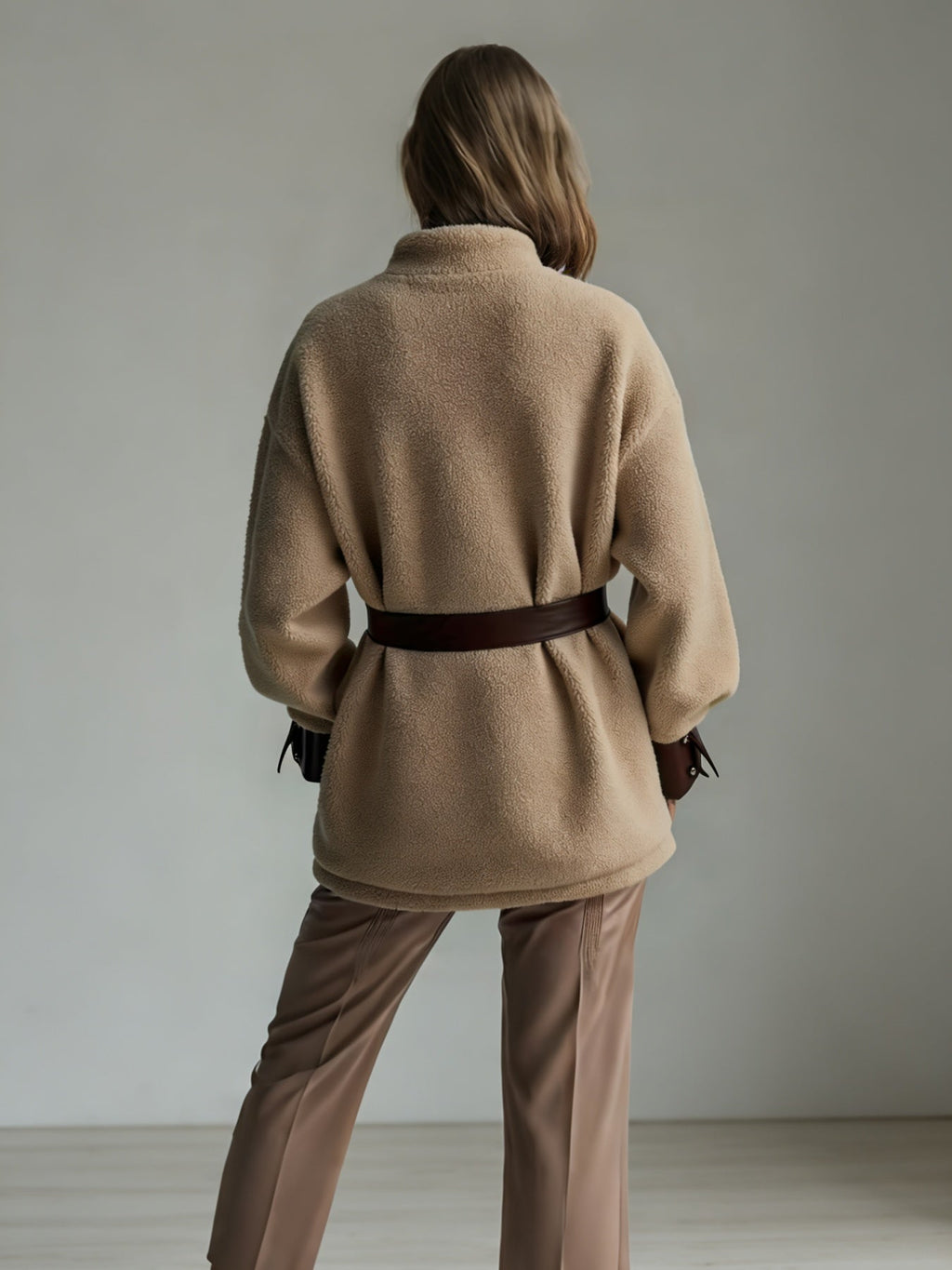 New Style Women's Autumn And Winter Clothing, New Style Women's Thickened Lamb Fur Stitching PU Leather Pocket Leather Belt Vintage Jacket Mohsin Aziz