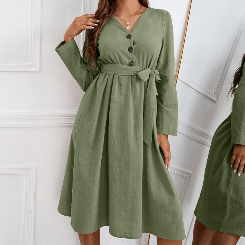 Bow Tie Tie Waist Slimming Single-breasted V-neck Long Sleeve Women Mohsin Aziz