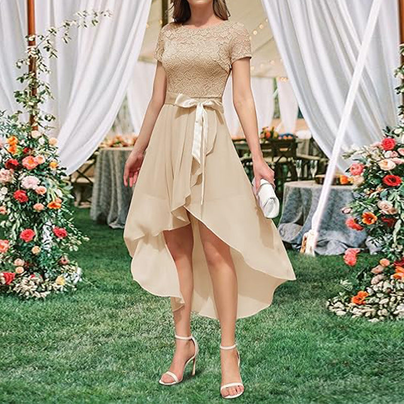 Lace Chiffon Ruffled High Slit Waist Round Neck Evening Dress Skirt Mohsin Aziz