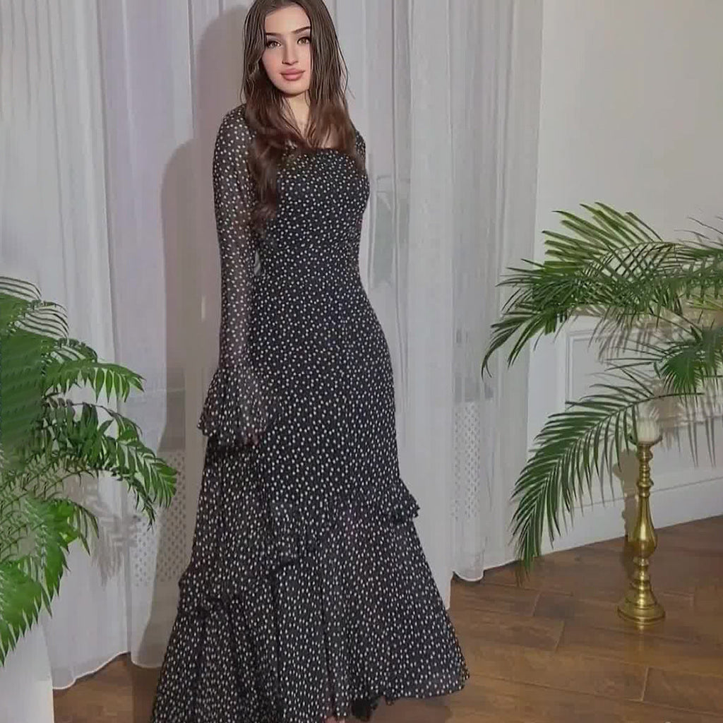 Chiffon Polka Dots Lotus Leaf Sleeve Stitching Irregular Dress Mohsin Aziz