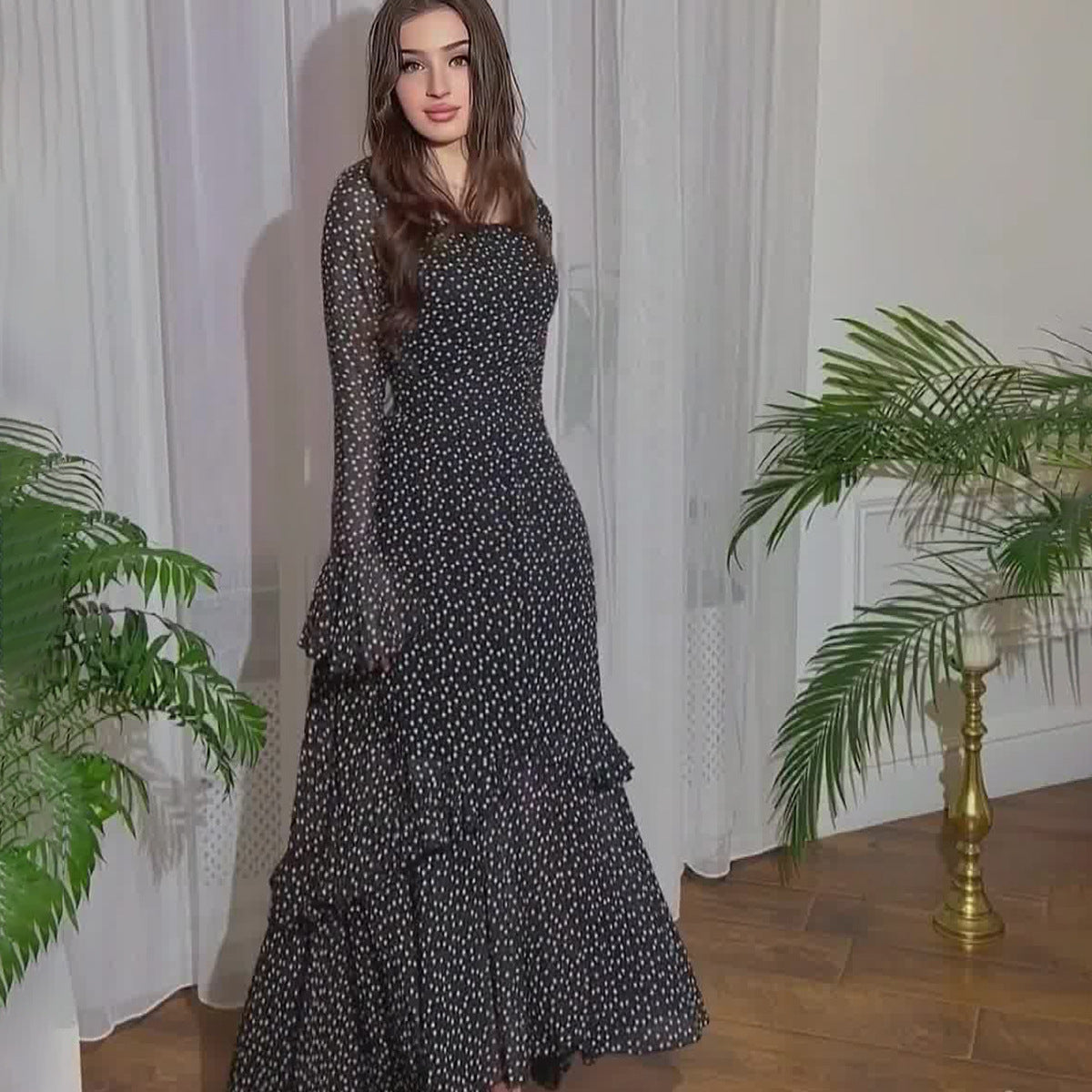 Chiffon Polka Dots Lotus Leaf Sleeve Stitching Irregular Dress Mohsin Aziz