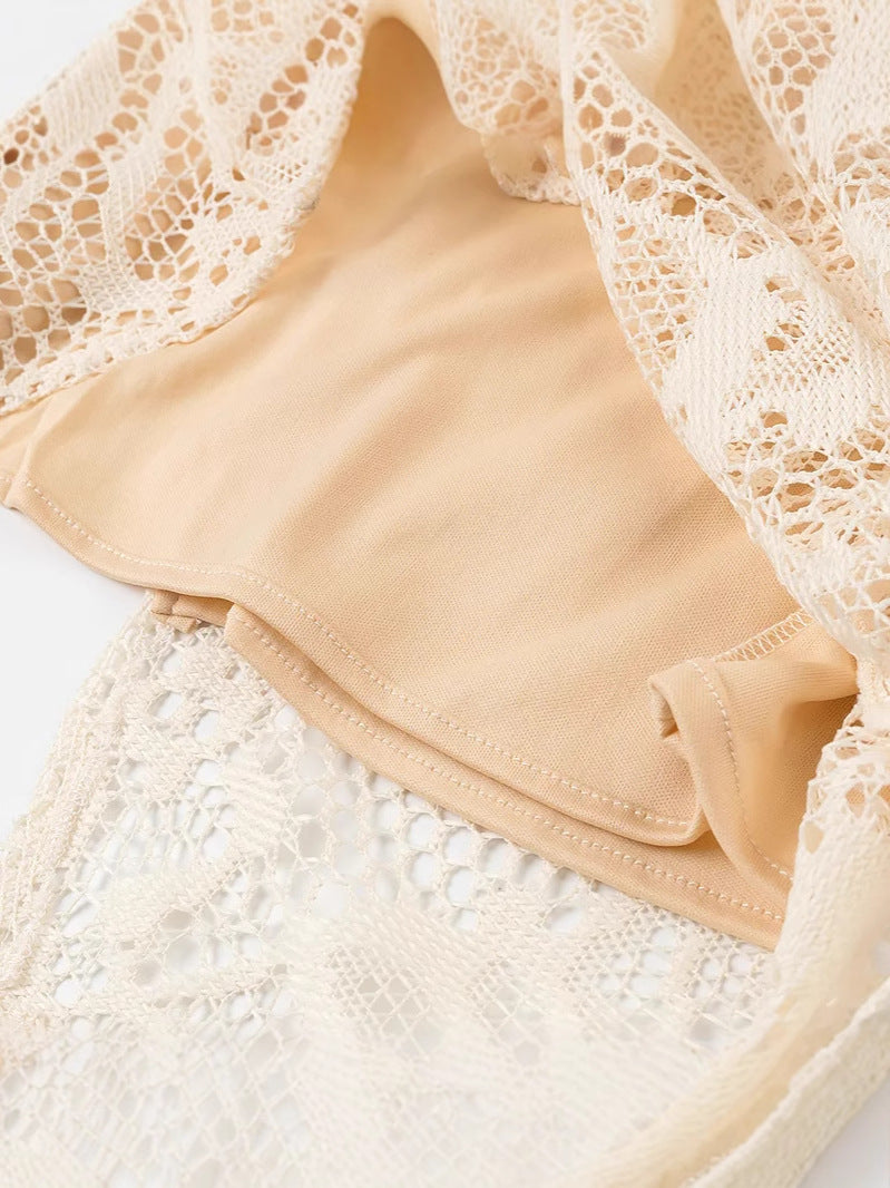 European And American Style Sexy Female Deep V Long Sleeve Mesh Lace Hollow Dress Mohsin Aziz