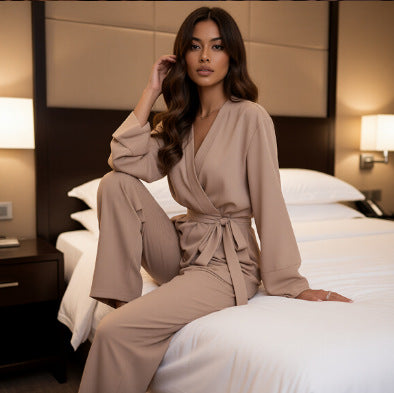 Satin Chiffon Pajamas Long-Sleeve French-Style Ice Silk Loungewear Long-Sleeve Pants Set