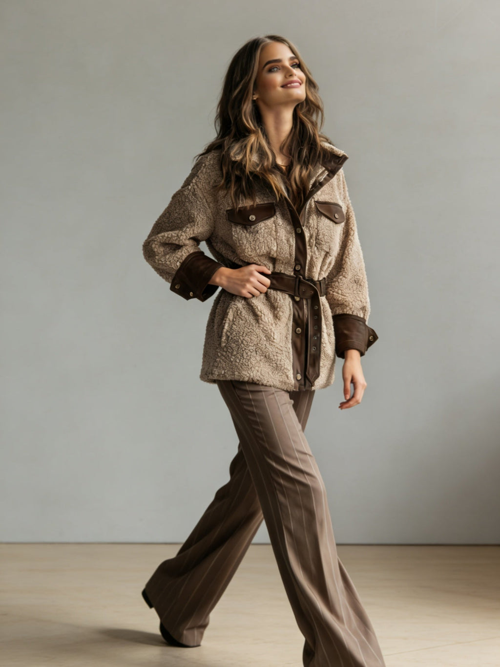 New Style Women's Autumn And Winter Clothing, New Style Women's Thickened Lamb Fur Stitching PU Leather Pocket Leather Belt Vintage Jacket Mohsin Aziz