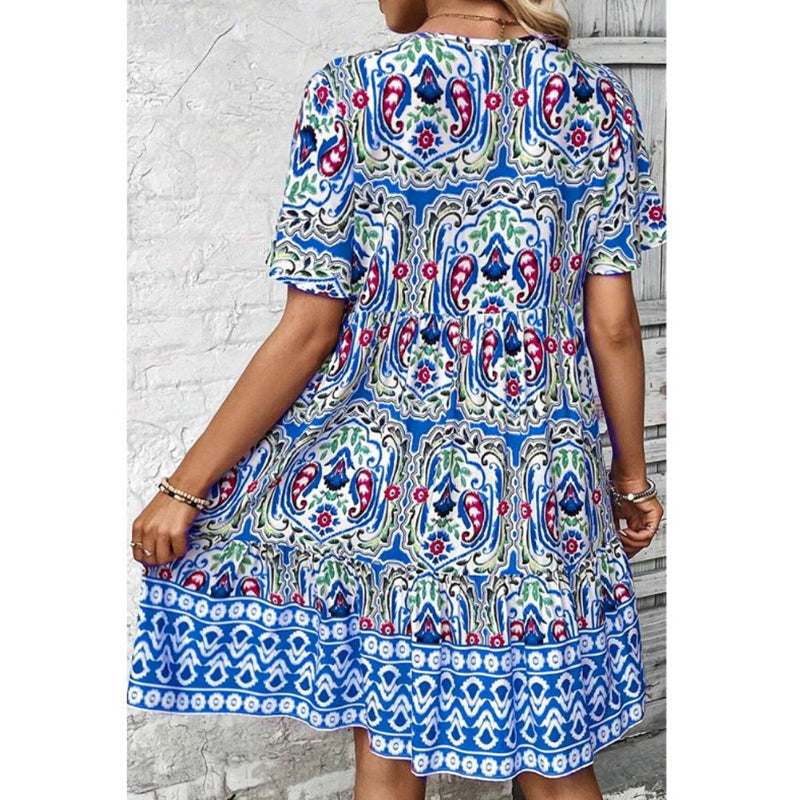 Women Casual Summer Dress Boho Drawstring V Neck Short Sleeve Floral Print Flowy Beach Dress Mohsin Aziz