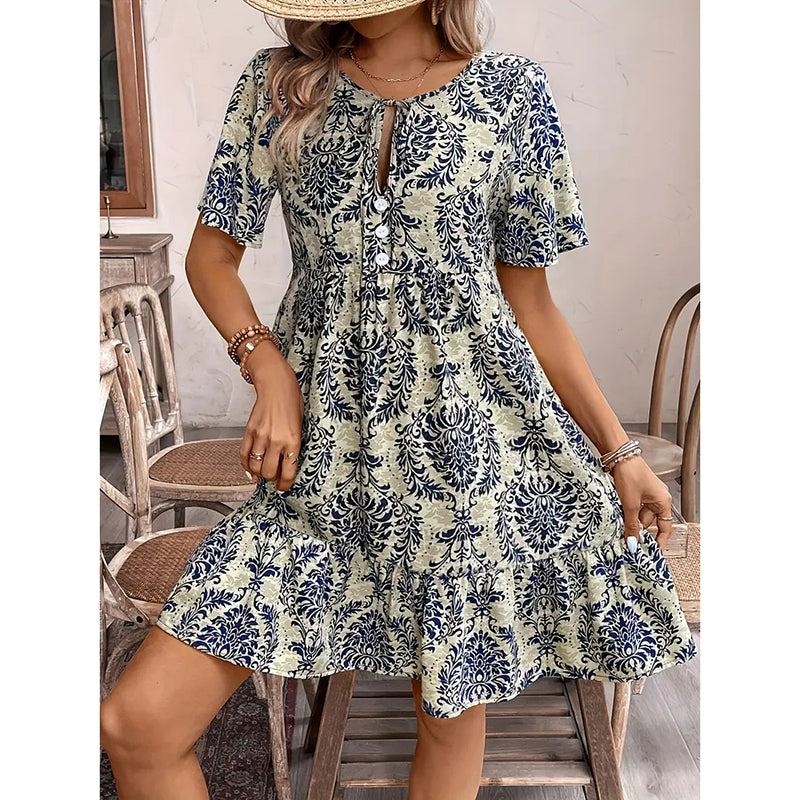 Women Casual Summer Dress Boho Drawstring V Neck Short Sleeve Floral Print Flowy Beach Dress Mohsin Aziz