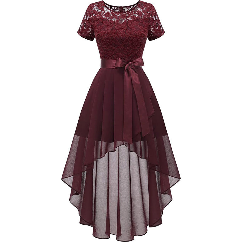 Lace Chiffon Ruffled High Slit Waist Round Neck Evening Dress Skirt Mohsin Aziz