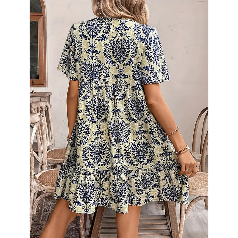 Women Casual Summer Dress Boho Drawstring V Neck Short Sleeve Floral Print Flowy Beach Dress Mohsin Aziz