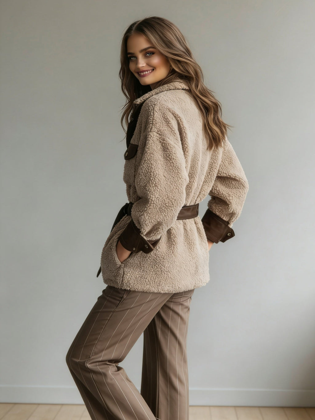 New Style Women's Autumn And Winter Clothing, New Style Women's Thickened Lamb Fur Stitching PU Leather Pocket Leather Belt Vintage Jacket Mohsin Aziz