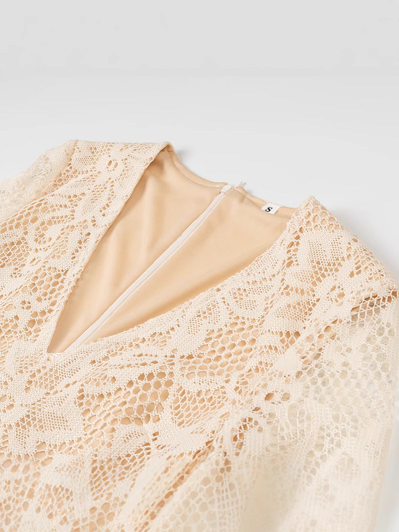 European And American Style Sexy Female Deep V Long Sleeve Mesh Lace Hollow Dress Mohsin Aziz