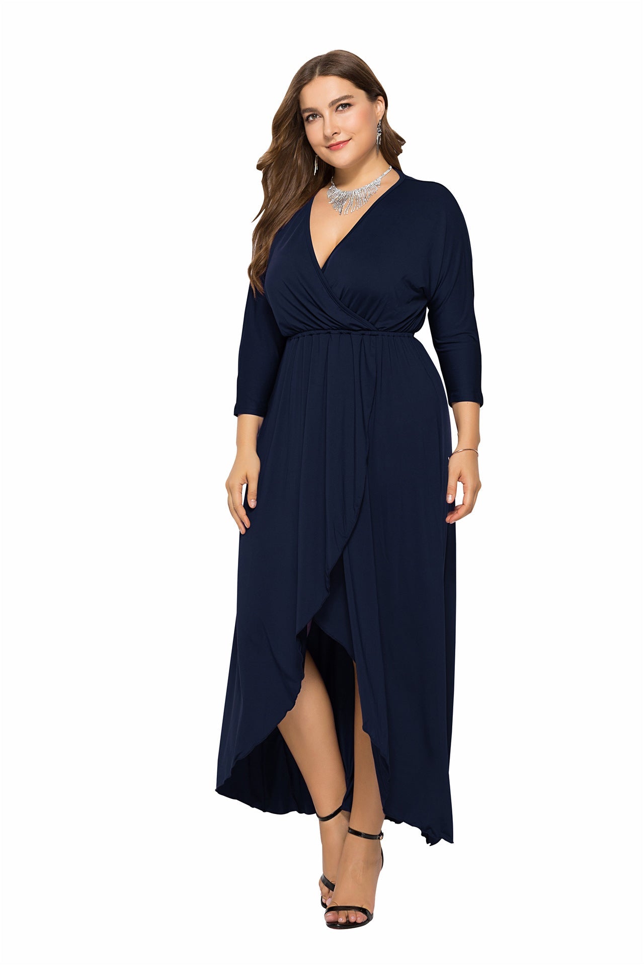 N V-neck Batwing Sleeve Large Hem Sheath Solid Color Dress Mohsin Aziz