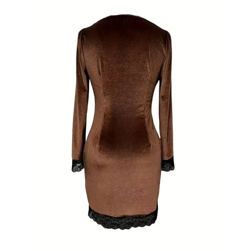 Women's Sexy V-Neck Bodycon Short Dress With Lace Trim And Button Details Long Sleeve Spring Summer Mini Dress