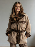 New Style Women's Autumn And Winter Clothing, New Style Women's Thickened Lamb Fur Stitching PU Leather Pocket Leather Belt Vintage Jacket Mohsin Aziz