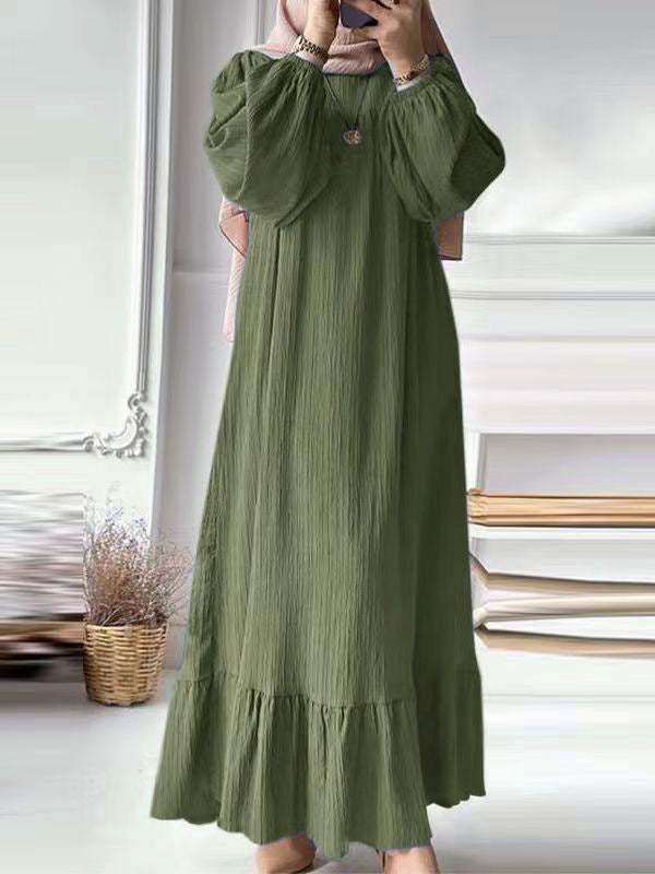 Muslim Women's Wear Robe Vintage Maxi Dress Pure Color Ruffles Hem Dress