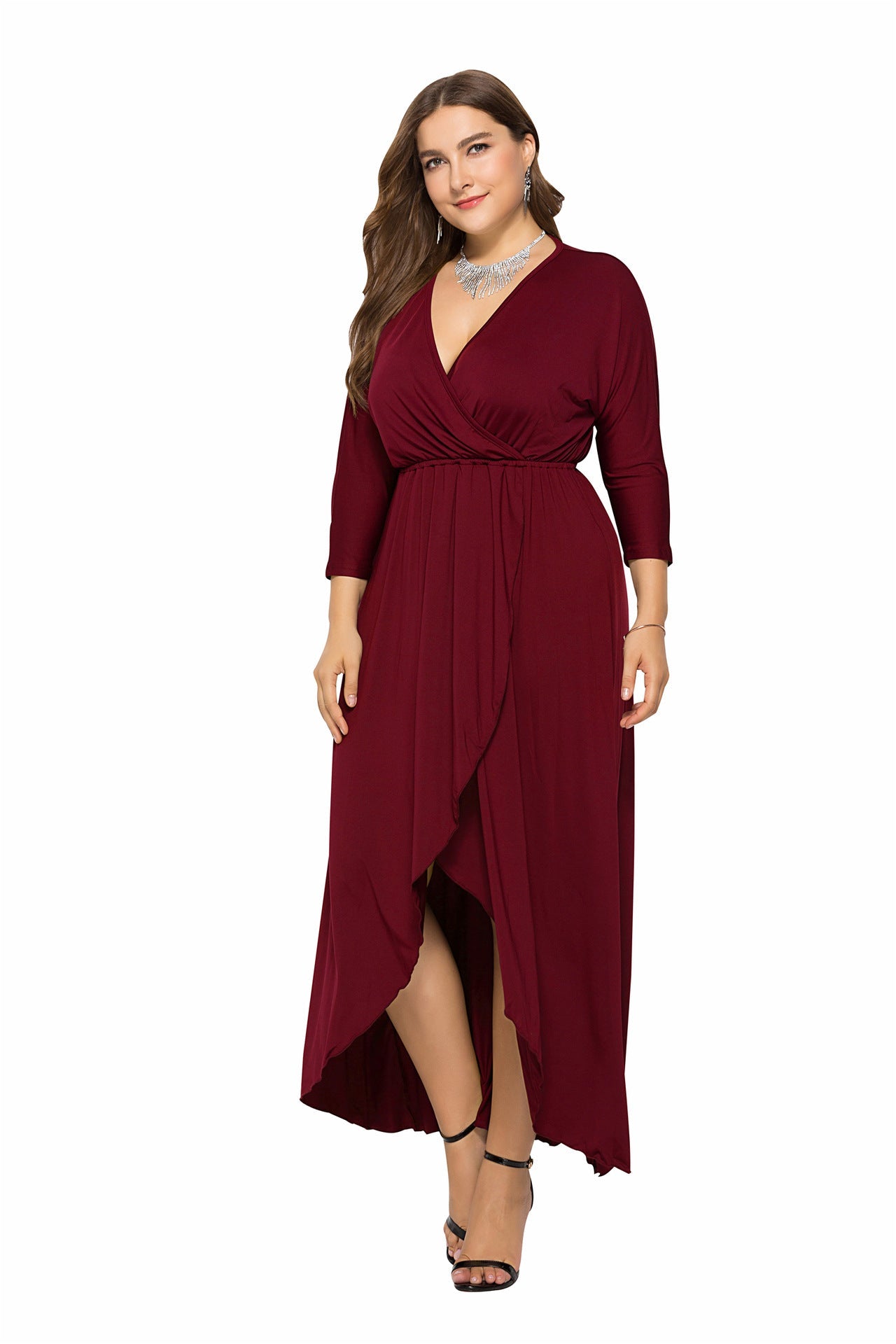 N V-neck Batwing Sleeve Large Hem Sheath Solid Color Dress Mohsin Aziz