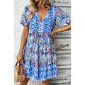 Women Casual Summer Dress Boho Drawstring V Neck Short Sleeve Floral Print Flowy Beach Dress Mohsin Aziz