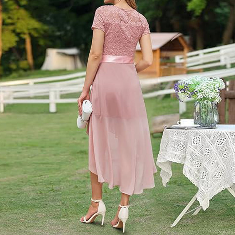 Lace Chiffon Ruffled High Slit Waist Round Neck Evening Dress Skirt Mohsin Aziz