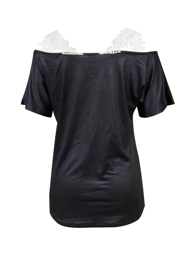 Spring Summer New Floral Print V-neck T-shirt Lace Casual Off-the-shoulder Short-sleeved Top Mohsin Aziz