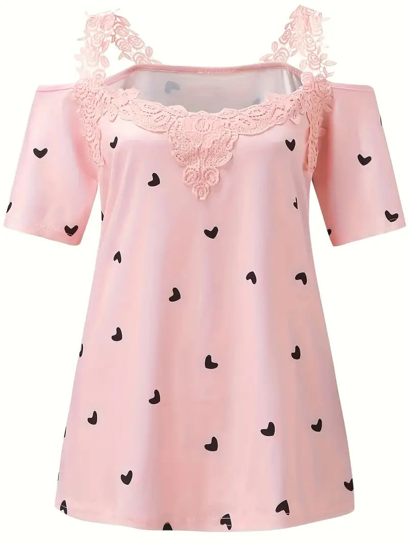 New Summer Short-sleeved Lace Heart Print T-shirt Women's Top Mohsin Aziz