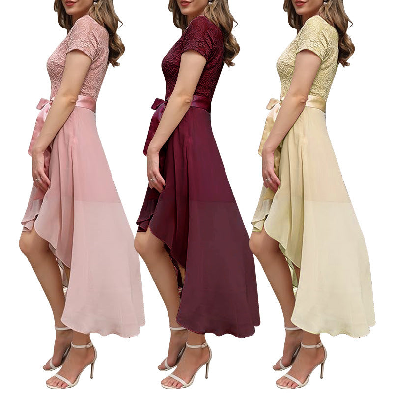 Lace Chiffon Ruffled High Slit Waist Round Neck Evening Dress Skirt Mohsin Aziz