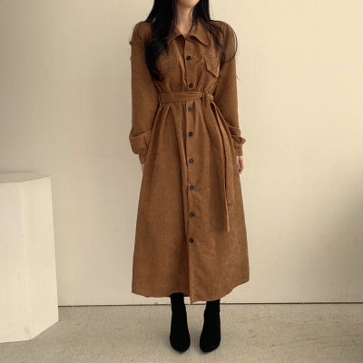 Autumn Winter Retro Lapel Single Breasted Lace-up Waist-controlled Long Corduroy Dress Women