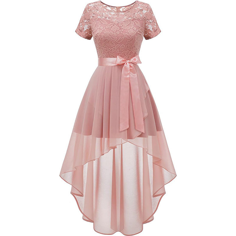 Lace Chiffon Ruffled High Slit Waist Round Neck Evening Dress Skirt Mohsin Aziz