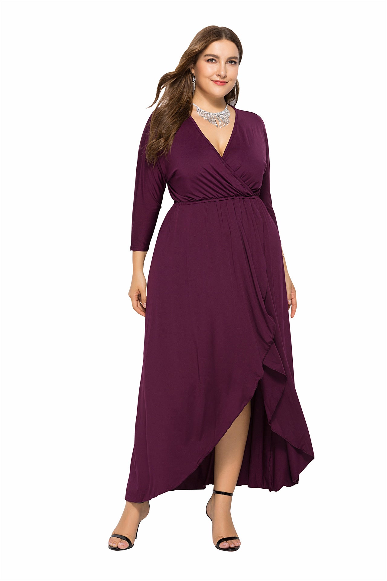 N V-neck Batwing Sleeve Large Hem Sheath Solid Color Dress Mohsin Aziz