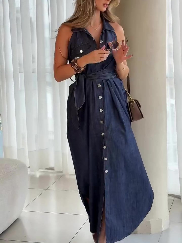 Denim Sleeveless Single-breasted Lace-up Dress Mohsin Aziz