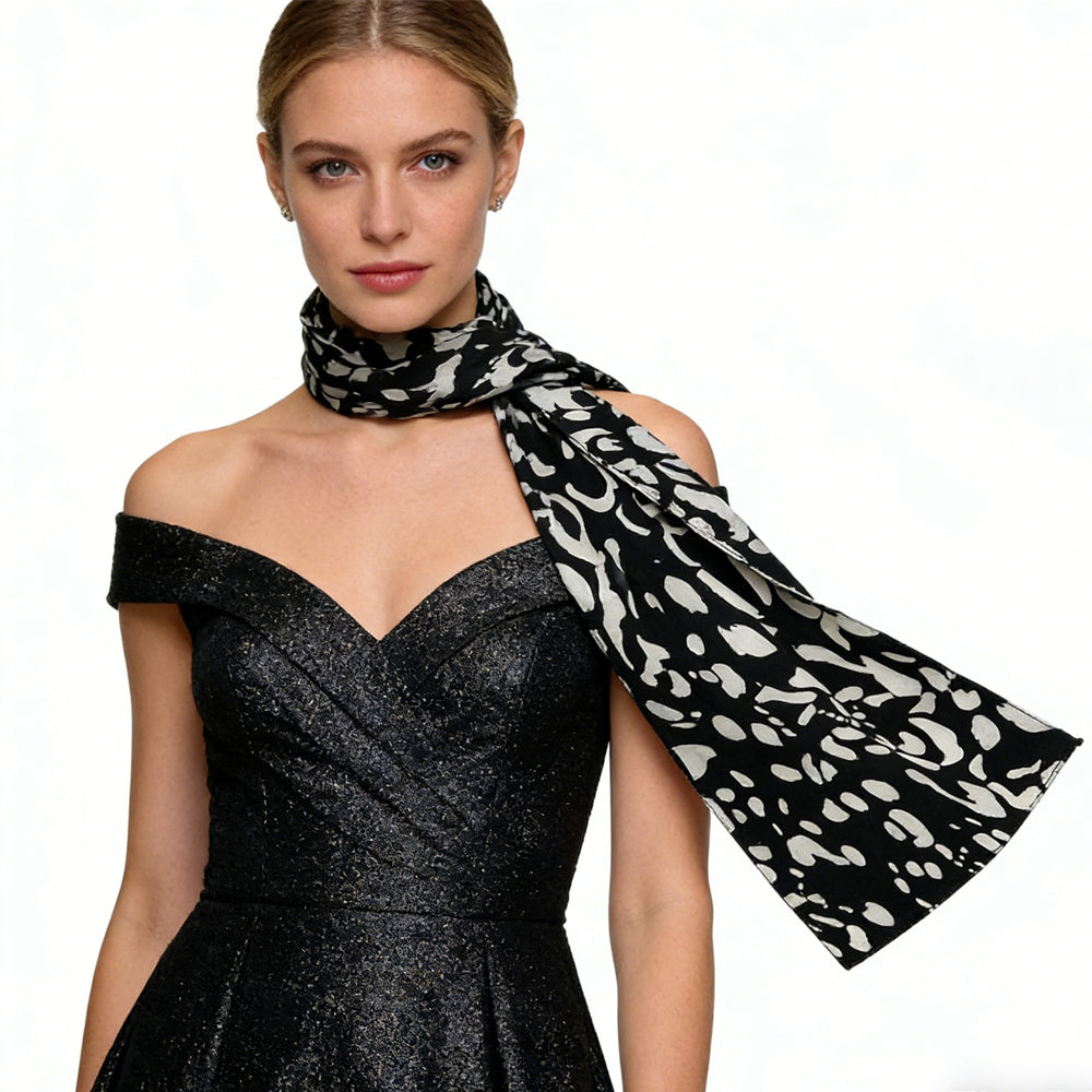 Black & White Printed Viscose Scarf - Abstract Long Scarf 79inchx9inch